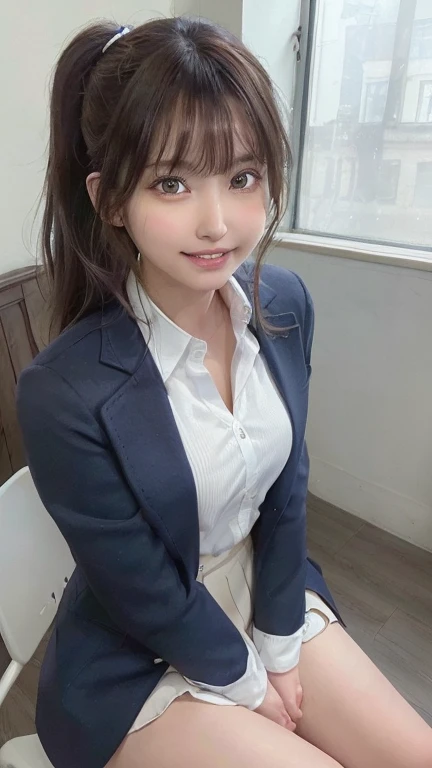 masterpiece, highest quality, High resolution,Very detailed, Stunningly beautiful woman,１people々 girl, (美しいgirl, 繊細なgirl:1.4),break, (21 years old:1.4), break,(Grey coat,Navy Blue Blazer,White shirt,Navy Skirt),High resolutionの肌,Definition of ultrafine particles,(Symmetrical eyes:1.3), break,(Inside the company:1.3),break,Small breasts,Brown eyes,ponytail,Brown Hair,(Eye and facial details:1.3),break,(A smile showing white teeth:1.3),break,Pose while sitting on a chair,