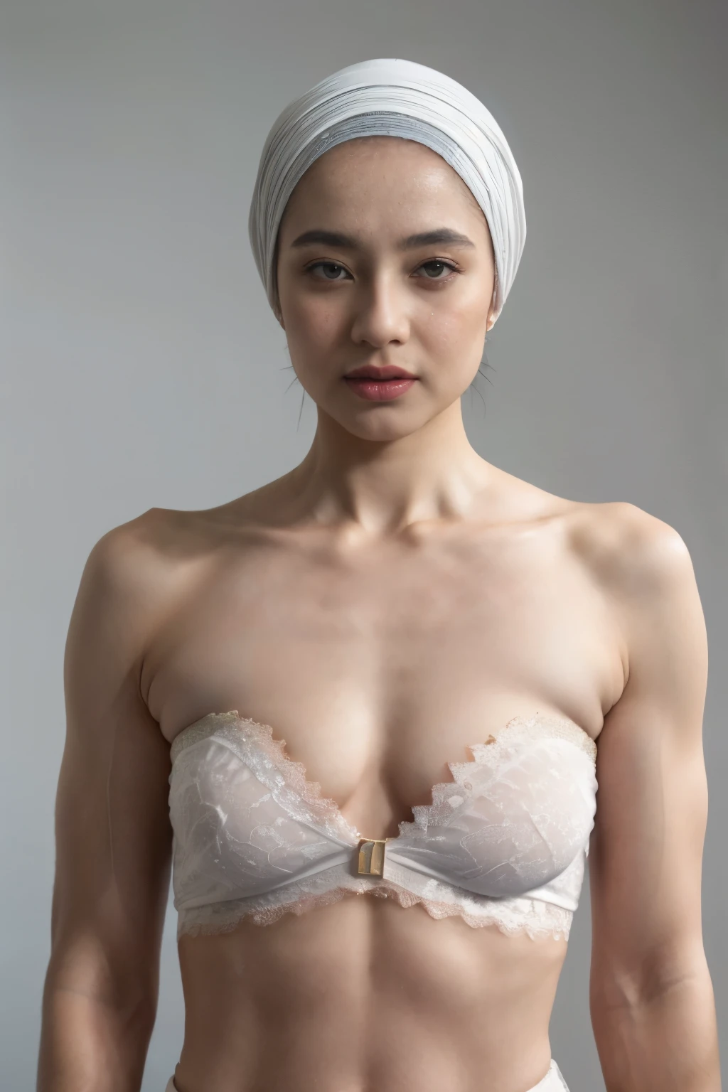 (((old lady:1.4))), ((SHORT HIJAB)), ((Flat chest:1.7)), (dynamic photograph of a 58 year old Indonesian woman), (slim top, cotton panties), (straight non curly hair), (highly detailed face:1.4), (vascular muscles and abs:1.3), (background inside light, bright, private gym:1.1), (8k, uhd, dslr, high quality, cinematic lighting, bokeh), (dramatic, award winning photography, incredible masterpiece:1.3), (((sexy sultry stare at camera:0.8))), close up, ((she is ready to dominate you:0.5)), ((beautiful feminine face)) (she is a champion MMA fighter), add_detail:1, ((Wearing strapless pastel)) lace white & white , from behind view, seductive pose 