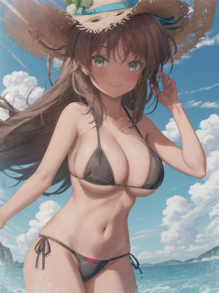 (best quality, masterpiece:1.2, highres, solo), Long hair flowing in the wind, Brown hair with green eyes, (Gigantic Breasts:1.4), Bangs framing the face, Playful smile, Delicate wave of the hand, Hair being brushed back, BREAK, Girl wearing a black micro bikini, Sideboob and underboob visible, Thin see-through hoodie covering part of the bikini, BREAK, Girl donning a straw hat, Abstract background.