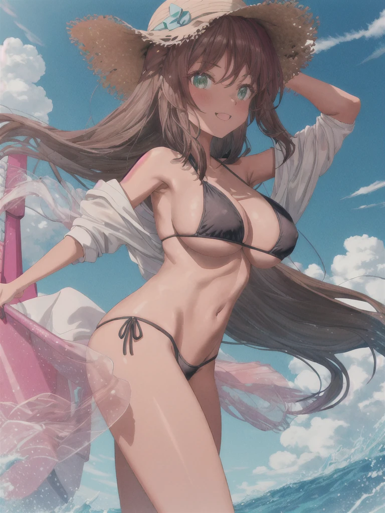 (best quality, masterpiece:1.2, highres, solo), Long hair flowing in the wind, Brown hair with green eyes, (Gigantic Breasts:1.4), Bangs framing the face, Playful smile, Delicate wave of the hand, Hair being brushed back, BREAK, Girl wearing a black micro bikini, Sideboob and underboob visible, Thin see-through hoodie covering part of the bikini, BREAK, Girl donning a straw hat, Abstract background.