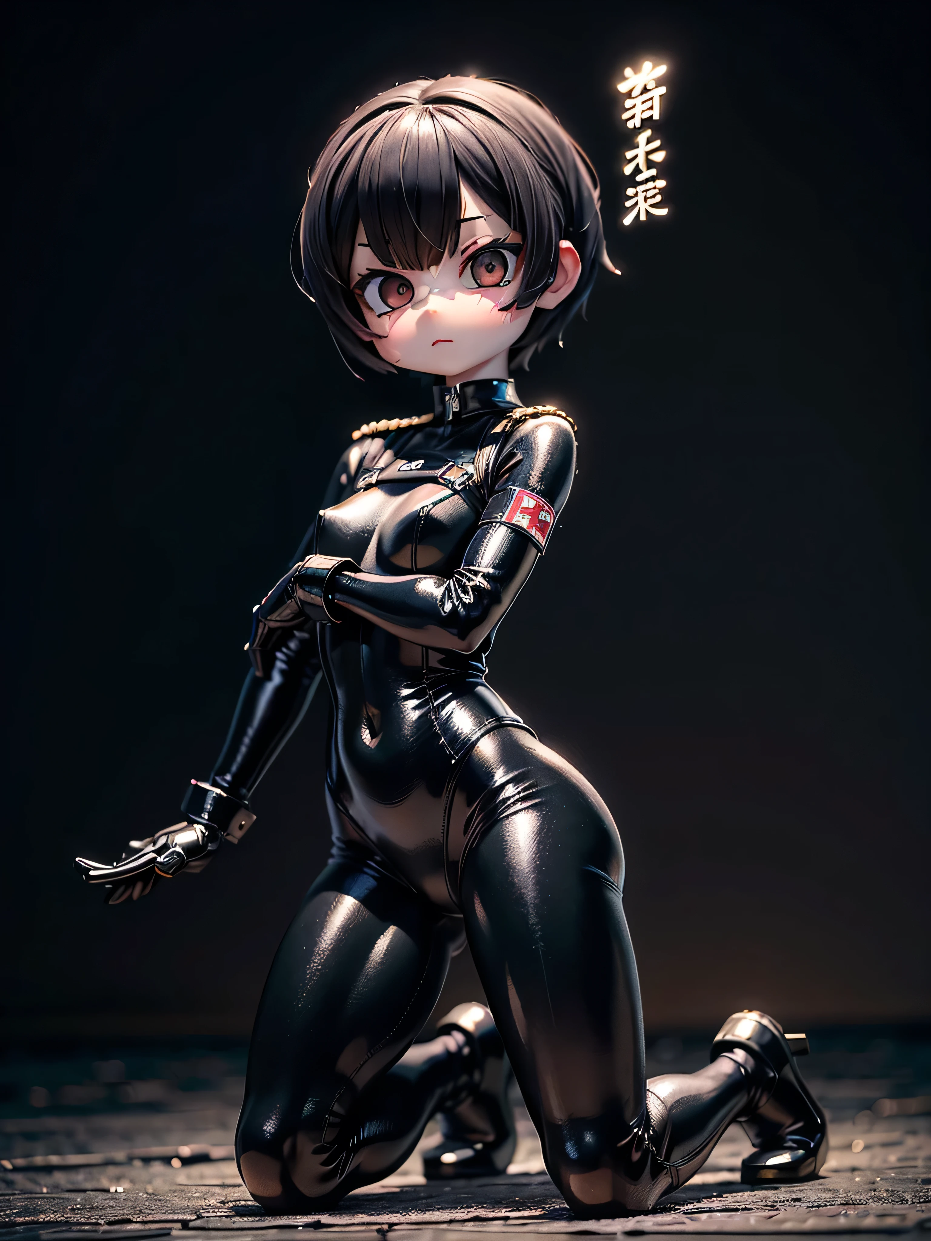 Best Quality，T Masterpiece，Ultimate resolution，１８Old female fighter，Slender、Small breasts、Small face、cute、（Kneeling pose），Black Super Short Hair，Shiny patent leather tight black combat uniform，Tight Suit，gloves、Steel City Background，night
