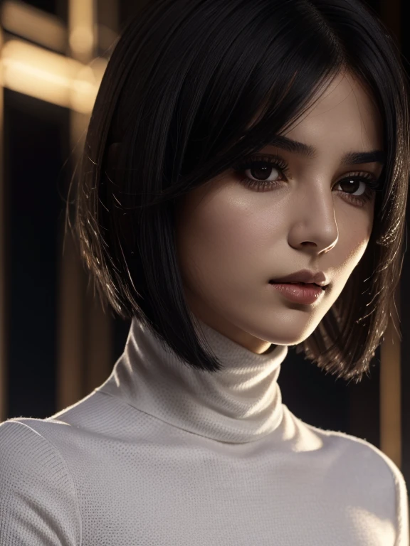 (Masterpiece), (Realistic), (best quality), (8K), ultra-detailed, UHD, young beautiful white arab woman, dark red lips, sharp nose, , (small arched eyebrows), oval face shape, most beauty young girl, cold expression, extremely beautiful, dark black eyes, black hair, short hair till neck, bob hairtstyle, 165 tall, wearing a black turtle neck, (kneel city+at+fire at+night), vulnerable and serious expression