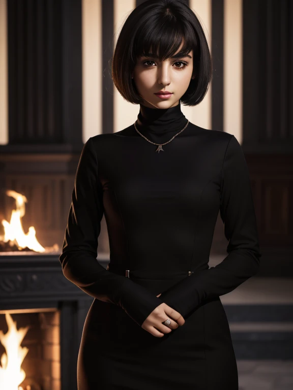 (Masterpiece), (Realistic), (best quality), (8K), ultra-detailed, UHD, young beautiful white arab woman, dark red lips, sharp nose, , (small arched eyebrows), oval face shape, most beauty young girl, cold expression, extremely beautiful, dark black eyes, black hair, short hair till neck, bob hairtstyle, 165 tall, wearing a black turtle neck, (kneel city+at+fire at+night), vulnerable and serious expression