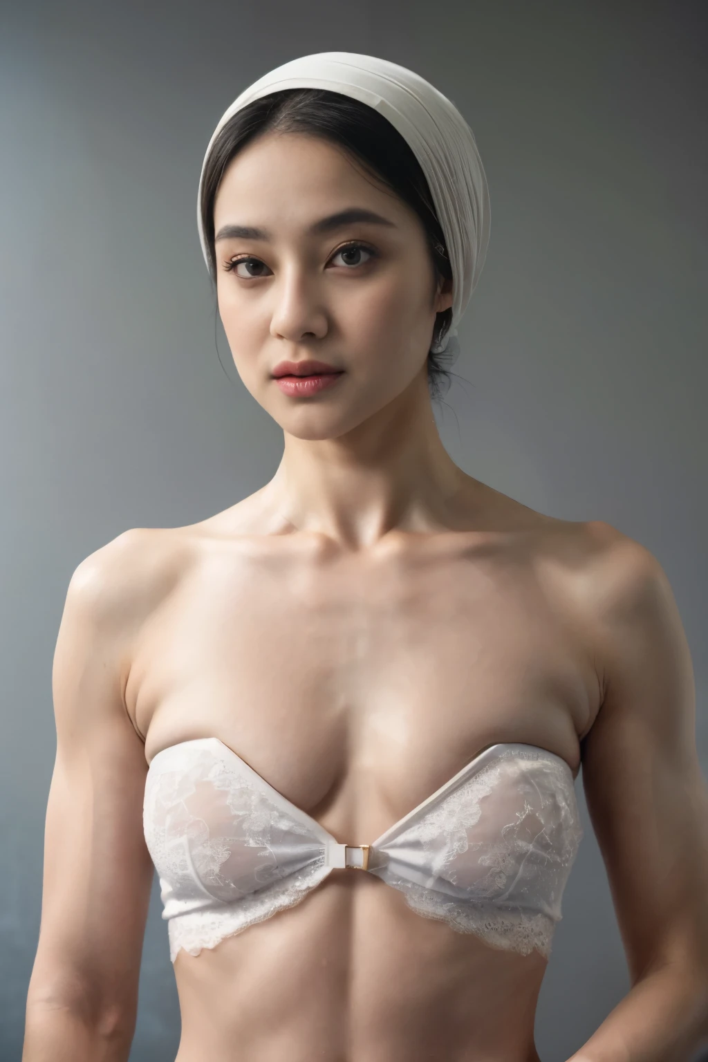 (((old lady:1.4))), ((SHORT HIJAB)), ((Flat chest:1.7)), (dynamic photograph of a 58 year old Indonesian woman), (slim top, cotton panties), (straight non curly hair), (highly detailed face:1.4), (vascular muscles and abs:1.3), (background inside light, bright, private gym:1.1), (8k, uhd, dslr, high quality, cinematic lighting, bokeh), (dramatic, award winning photography, incredible masterpiece:1.3), (((sexy sultry stare at camera:0.8))), close up, ((she is ready to dominate you:0.5)), ((beautiful feminine face)) (she is a champion MMA fighter), add_detail:1, ((Wearing strapless pastel)) lace white & white , from behind view, seductive pose
