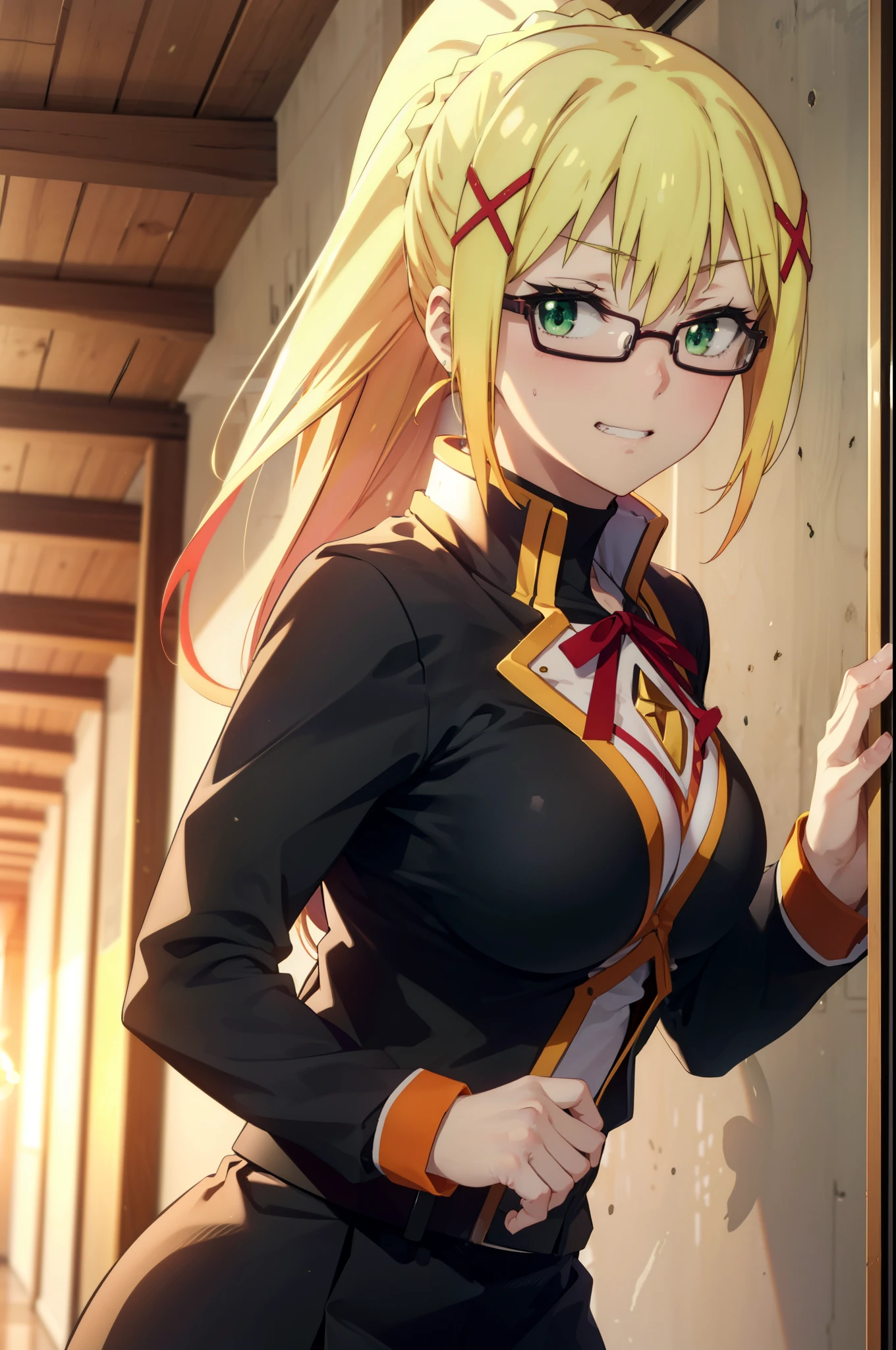 Lalatina Dusty Nesford, Lalatina Dustiness Ford, darkness \(KonoSuba\), Long Hair, (Green Eyes:1.3), Blonde, hair ornaments, ponytail, Braiding, x hair ornaments,Big Breasts,OL,Grin, Red glasses, black suit jacket, Collared jacket, White dress shirt, Collared shirt, Neckline, button, Black pencil skirt, Black pantyhose,Stiletto heels,Walking,whole bodyがイラストに入るように,Sunset,evening,The sun is setting,
break indoor, School　corridor,
break looking at viewer,whole body ,
break (masterpiece:1.2), highest quality, High resolution, unity 8k wallpaper, (figure:0.8), (Beautiful fine details:1.6), Highly detailed face, Perfect lighting, Highly detailed CG, (Perfect hands, Perfect Anatomy),