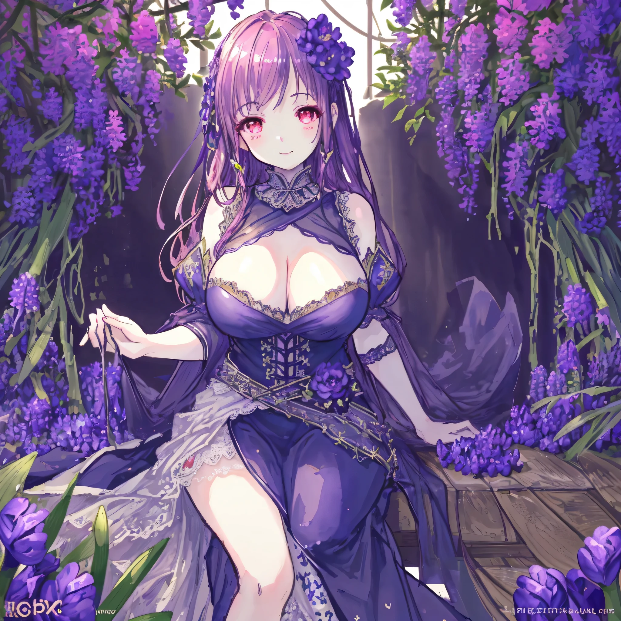 Hyacinth-themed artwork, ((highest quality)), High resolution, 8k, Cinematic Light, High Contrast, Written boundary depth、smile、Big Breasts、bright、beautiful, Strong brilliance, Detailed Background, One Girl, cute, fine grain, Shining Eyes, Detailed Iris,、