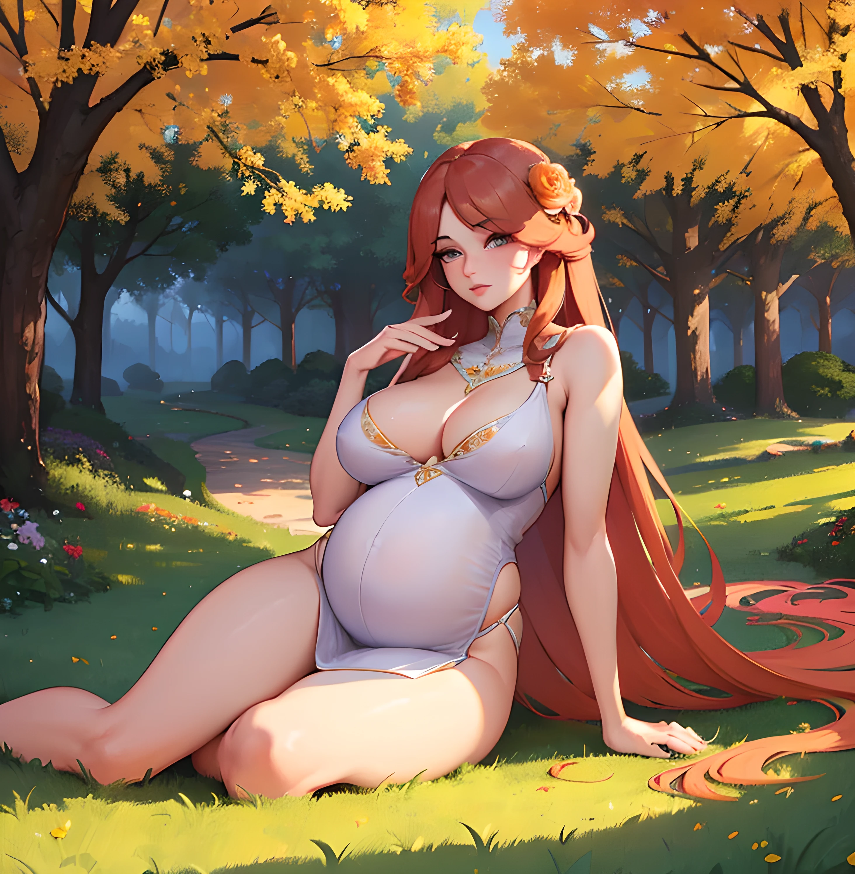 (best quality,ultra-detailed,highres:1.2),vivid colors,natural lighting,warm color palette,pregnant,goddess-like,sexy,classy,confident,serene,radiant,beautiful detailed eyes,beautiful detailed lips,subtle glow on the skin,flowing hair,curve-emphasizing clothing,graceful pose,flower-filled garden,soft sunlight streaming through trees