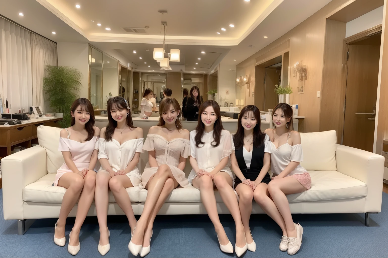 ((highest quality, 8k, Masterpiece in detail, Ultra-high resolution)), (Group photo)(Looking at the audience), (Full Shot:), 魅力的なビジネス 5-peopleの美女, 5-people, Thin:0.25, White Beauty Salon, Grey Skirt, Sitting cross-legged on a sofa at a beauty salon)), smile, CEO's Office,