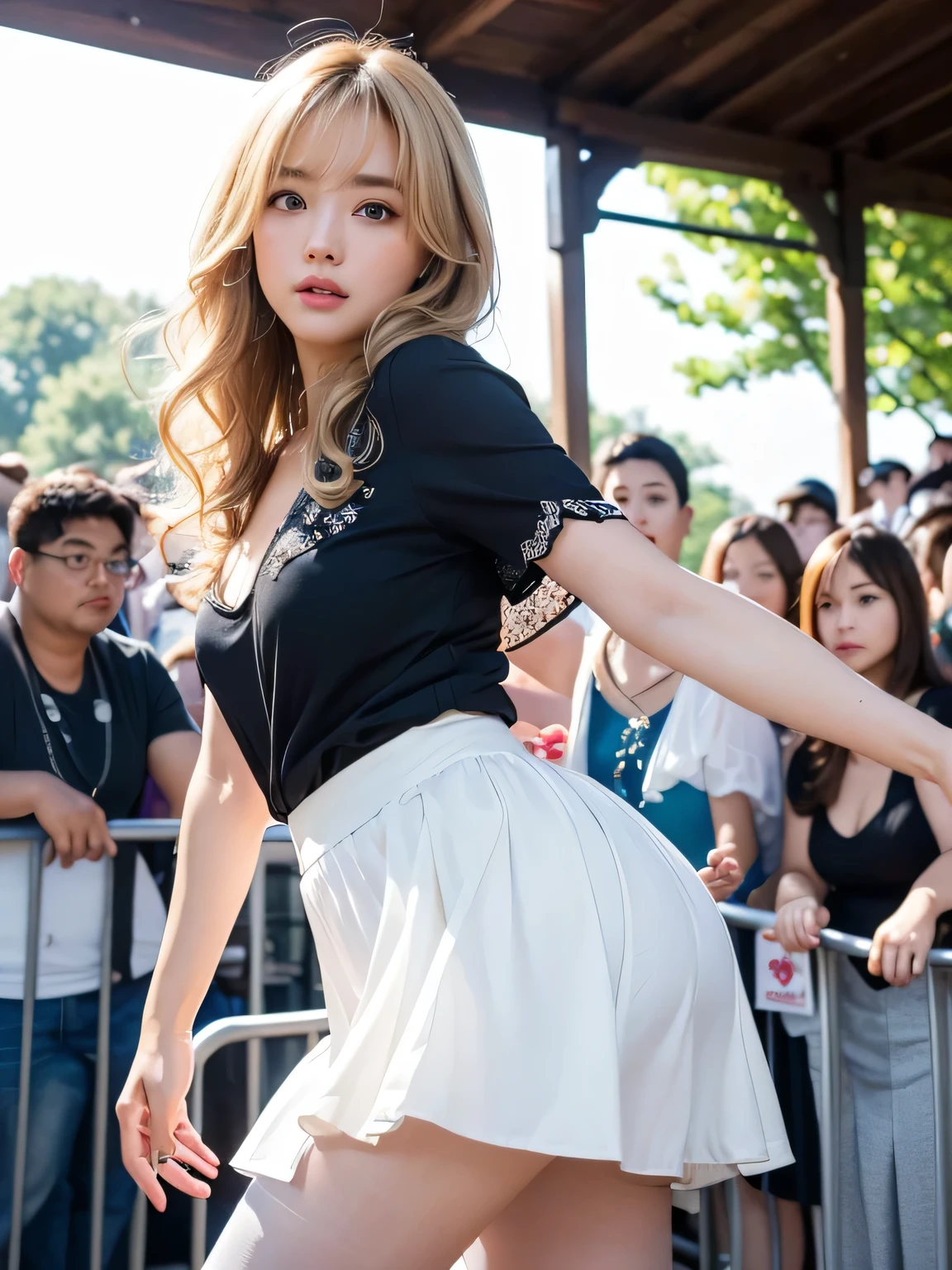 8K、Photo image masterpiece、highest quality、Super-resolution、Angle low-angle image from the feet、Beautiful woman with golden curly hair、((Blonde beauty))、With bangs、Strong winds、Impossibly cute face、And slim、Small breasts、High resolution、masterpiece、Exquisite Function 、Delicate eyes、Delicate blonde hair、8K quality、Pale light and shadow、Dindal effect、Strong winds make her blonde hair messy、With bangs、Random Hairstyles、((A photo from the delicate feet)、(Detailed RAW Photos of Girls)、(Tabletop:1.25)、 (Highest quality:1.6)、(超High resolution:1.5)、(Real:1.75)、8k resolution、Image from the foot、 (RAW Photos:1.2), (Realistic:1.4), Beautiful detailed woman, Very narrow waist、Very detailed eyes and face, Beautiful fine details, Large file size、Very detailed、High resolution、highest quality、masterpiece、((Lightweight summer blouses and skirts in various colors))、Very detailed、CG、Unified、8k wallpaper、The finer detailasterpiece、highest quality、 Light on the face、Cinema Lighting、27-year-old woman、Popular Idol, surrounded by a crowd, Colorful costumes,　Outdoor Live Venues, (highest quality,16k,最High resolution,Tabletop:1.2),Very detailed,(Realistic,Realistic,Realistic:1.37), 27-year-old woman, Random Hairstyles, Accentuate your waistline, Clearly visible body lines, Light background, see-through costume, Costumes of various colors and shapes, White Pantyhose, Crowds of fans swarm, Touching my breasts and buttocks, 