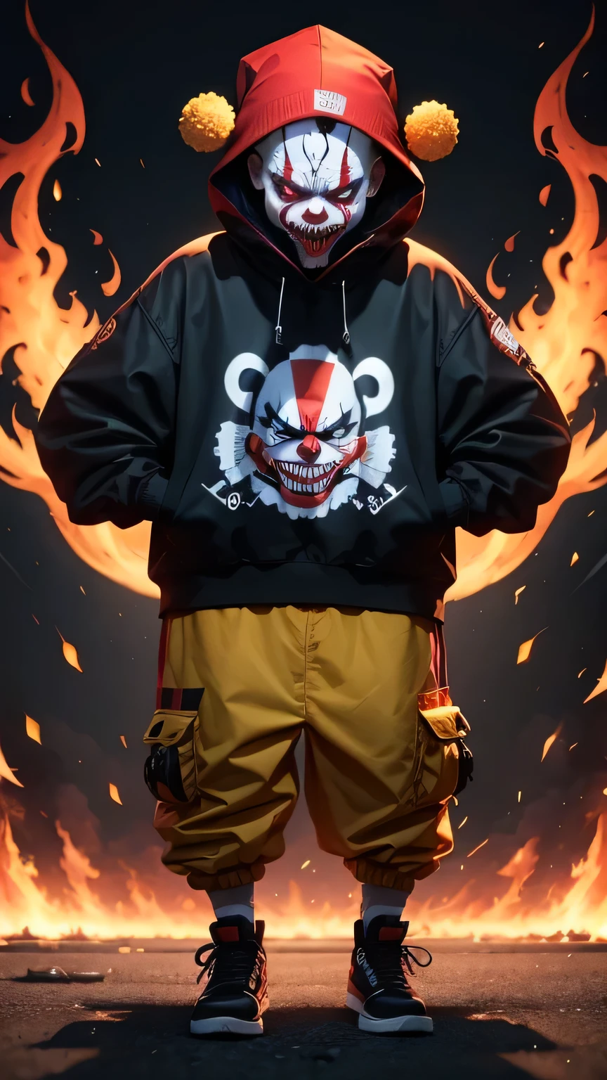 scary clown, street wear outfit, fire around, cartoon style type, angry face