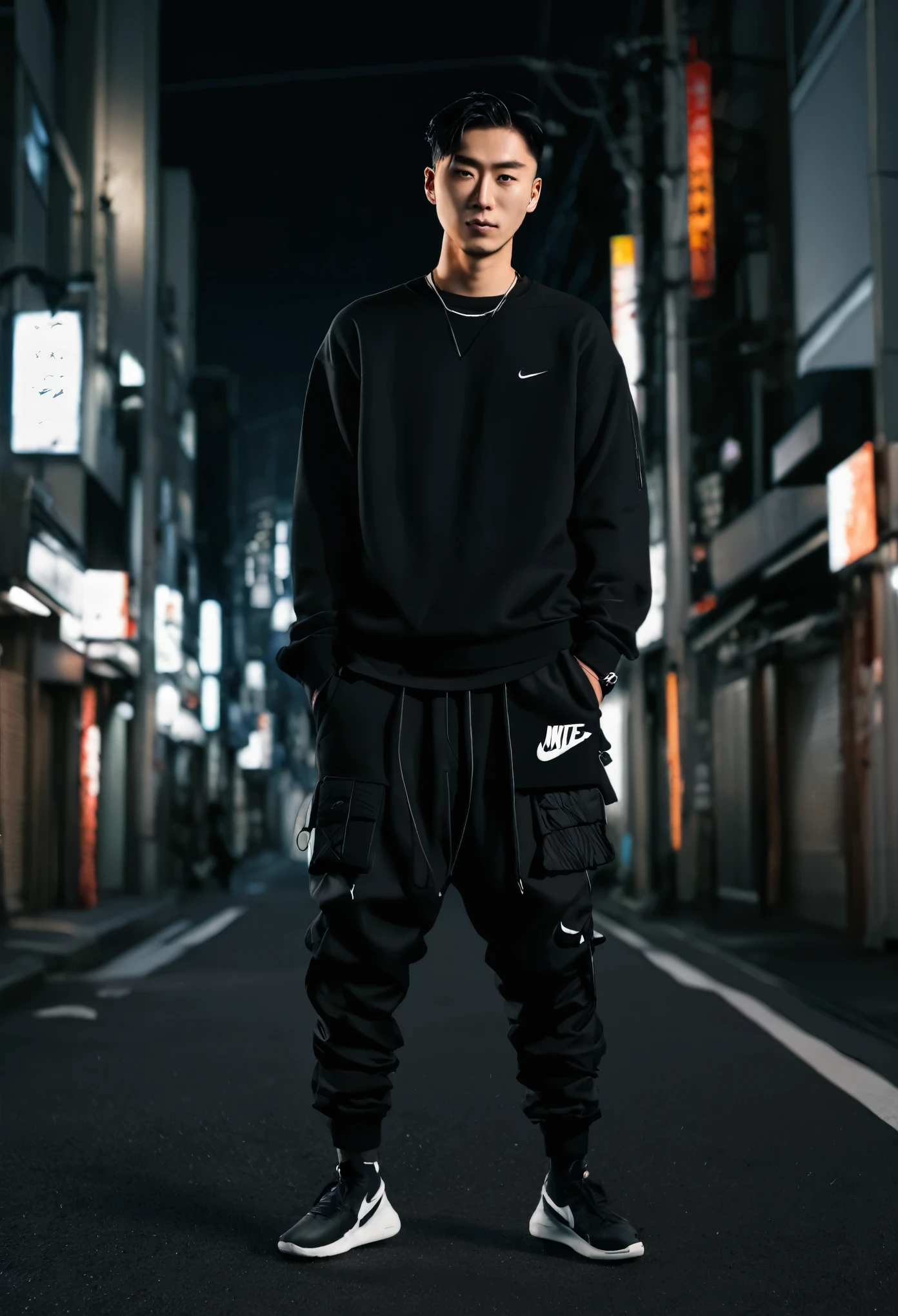 HANDSOME, PERFECT, SUKUNA, ALONE, FULL BODY, DOWN IN FLAMES LOOSE SWEATER, TECHWEAR PANTS, NIKE SHOES, TOKYO NIGHT STREET BACKGROUND, ((((masterpiece))), ((best quality)), (extremely detailed)