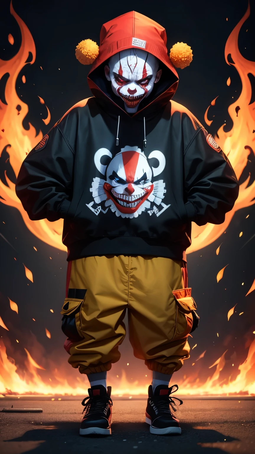 scary clown, street wear outfit, fire around, cartoon style type