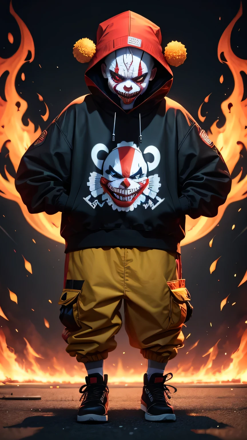 scary clown, street wear outfit, fire around, cartoon style type