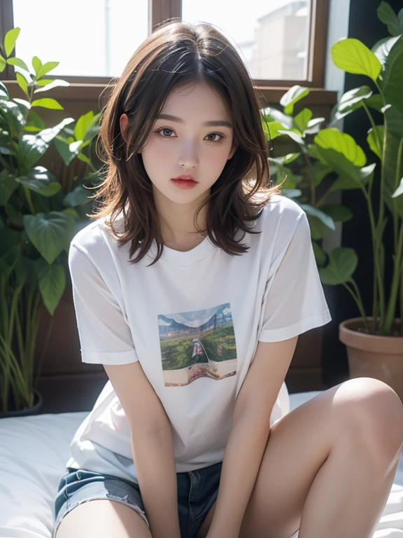 highest quality, figure, Very detailed, In detail, High resolution, 8k wallpaper, Perfect dynamic composition, Beautiful fine details, T-Shirts,Medium Hair, , Natural color lip, sit,garden,30-year-old woman,((whole body)), Sitting with Knees Up on bed, spread legs