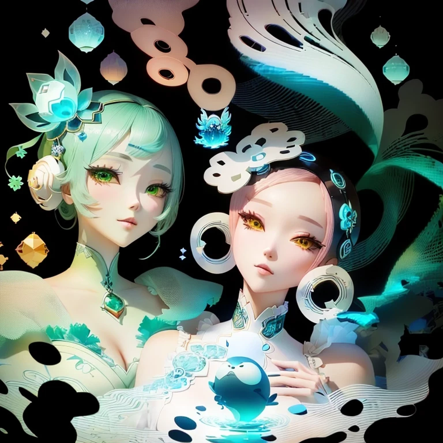 Two cartoon characters standing together, Lovely digital art, Water Spirit, Lovely cyber gods, Lovely:2, Lovely Numbers, Red Cliff, Lovely! C4D, Maple Story Character Art, Lovely coronavirus creatures!, Lovely monsters, Lovely characters, Lovely detailed digital art, Cyan and Green, Lovely monster character design