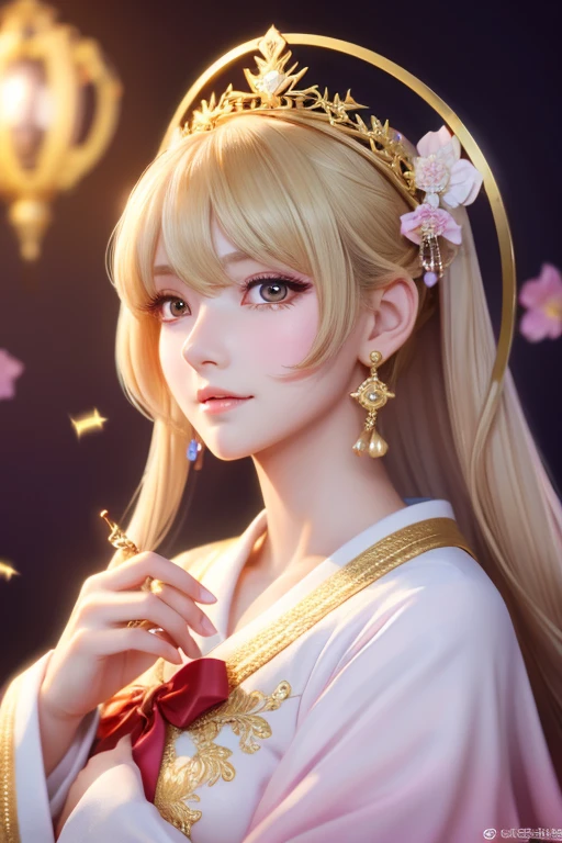 正面を向いたwhole bodyのイラスト,High quality CG illustration,((highest quality)), ((masterpiece)), (detailed), fine,Blonde perfect face,日本の女god,Soft atmosphere,whole body,Long Hair,Big eyes,cute,Holding a magic wand,Background pink,god秘的,Shrine maiden,女god,Beauty,cute,Beauty,The goddess,Anime Style,Anime CG,god様,gem,shine,luxury,god々Aura,crystal,Gal,Heavy makeup,Eyelashes,Feather coat,Decoration,Facing forward,Anime Style,kimono,Sparkling,gem,左手にcrystalを持つ,heart,luxury,gold,luxuryなDecoration,luxuryな背景,noble,おRich man,Love luck,和風の女god,altar,Aurora,Rainbow-colored,真Facing forward,luxury絢爛,shine,dazzling,Aurora,Rich man,wealthy class,goldの髪,earrings,gemが沢山付いた服,Hanfu ,god社,prayer,with a crown of flowers,, Anime Style 4k, detailedなDigital anime art, 8Kの高品質でdetailedなアート, Beautiful anime portraits, Anime fantasy artwork, Anime fantasy illustration, anime art wallpaper 4k, anime art wallpaper 4k, Digital anime art, Highly detailed digital art in 4K, Anime Style. 8k,目線はFacing forward,Gold Folding Screen,,,,