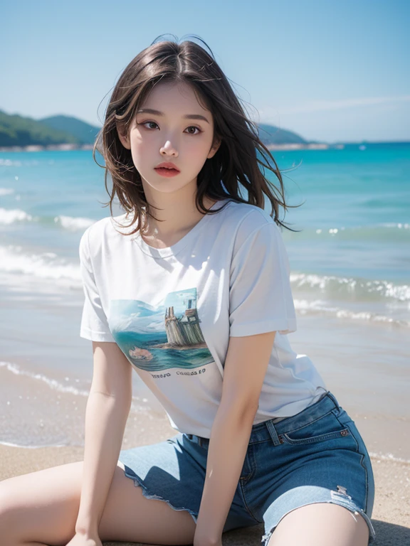 highest quality, figure, Very detailed, In detail, High resolution, 8k wallpaper, Perfect dynamic composition, Beautiful fine details, T-Shirts,Medium Hair, , Natural color lip, sit,Ocean,30-year-old woman,((whole body)), Spread your legs