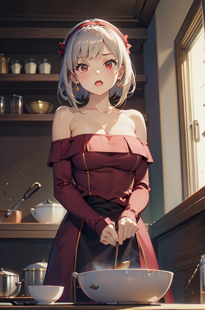 masterpiece, yor, 1girl, Amazing Cleavage:1.3, thin waist, big ass, Raised sexy, medium breast: 1.8 posed cleavage:1.2、solo, looking at viewer, open mouth, have a cup of coffee,black hair, red eyes, dress, bare shoulders, jewelry, collarbone, sidelocks, hairband, earrings, indoors, off shoulder, :o, sweater, arms behind back, plant, short hair with long locks, white hairband, off-shoulder dress, sweater dress, off-shoulder sweater, red sweater, big side hair, very long side hair,is rendered in (masterpiece: 1.2, best quality), with (ultra high resolution) and an exquisite (depth of field). This masterpiece is not only visually stunning but also tells, teach of cooking ,in the kitchen