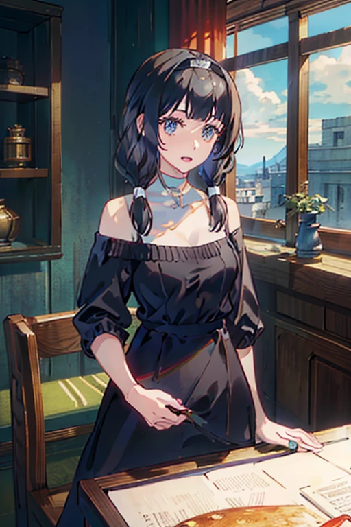 masterpiece, yor, 1girl, Amazing Cleavage:1.3, thin waist, big ass, Raised sexy, medium breast: 1.8 posed cleavage:1.2、solo, looking at viewer, open mouth, have a cup of coffee,black hair, red eyes, dress, bare shoulders, jewelry, collarbone, sidelocks, hairband, earrings, indoors, off shoulder, :o, sweater, arms behind back, plant, short hair with long locks, white hairband, off-shoulder dress, sweater dress, off-shoulder sweater, red sweater, big side hair, very long side hair,is rendered in (masterpiece: 1.2, best quality), with (ultra high resolution) and an exquisite (depth of field). This masterpiece is not only visually stunning but also tells, teach of cooking ,in the kitchen