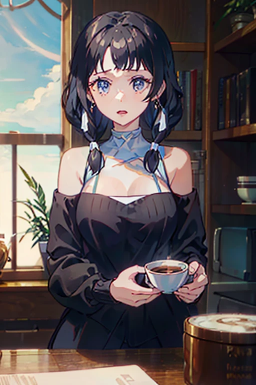 masterpiece, yor, 1girl, Amazing Cleavage:1.3, thin waist, big ass, Raised sexy, medium breast: 1.8 posed cleavage:1.2、solo, looking at viewer, open mouth, have a cup of coffee,black hair, red eyes, dress, bare shoulders, jewelry, collarbone, sidelocks, hairband, earrings, indoors, off shoulder, :o, sweater, arms behind back, plant, short hair with long locks, white hairband, off-shoulder dress, sweater dress, off-shoulder sweater, red sweater, big side hair, very long side hair,is rendered in (masterpiece: 1.2, best quality), with (ultra high resolution) and an exquisite (depth of field). This masterpiece is not only visually stunning but also tells, teach of cooking ,in the kitchen
