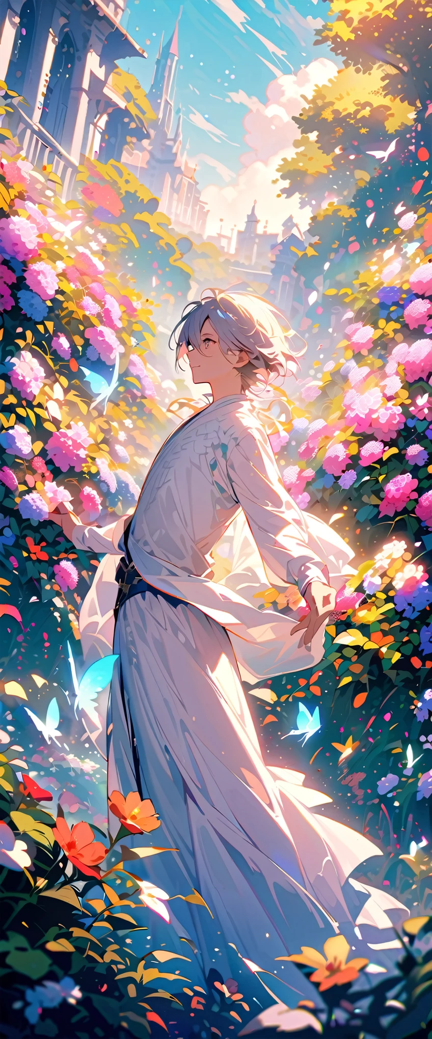 A handsome young man，Standing among the blooming flowers，A pair of crystal clear butterfly wings spread out leisurely on his back。These wings seem to be condensed from morning dew，Sparkling like a rainbow in the sun，Each butterfly wing is slender and delicate，Dancing gently on the edge，Exuding a subtle magical glow。He was dressed in a light white robe，The sleeves flutter in the wind，Blending in with the surrounding natural scenery。The eyes of youth are deep，A gentle and mysterious look，As if he was just a passer-by in this world，It is also the messenger connecting dream and reality.。In such a quiet and magical moment，Time seems to freeze，People can&#39;t help but indulge in this otherworldly beauty。