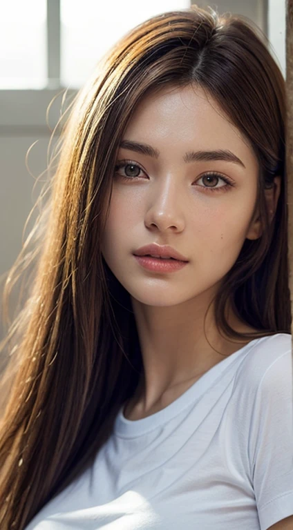 Dressed, (photo Realistic:1.4), (hyper Realistic:1.4), (Realistic:1.3), (Smoother lighting:1.05), (Improving the lighting quality of movies:0.9), 32k, One girl,20 year old girl, Realistic lighting, Backlight, Light on the face, Ray-tracing, (Bright light:1.2), (Improvement of quality:1.4), (Highest quality real texture skins:1.4), Detailed drawn eyes, Detailed painted face, Quality Eyes, (Tired, sleepy and satisfied:0.0), Face close-up, T-Shirts, (Enhance the mood of your body line:1.1), (Enhances the beauty of skin texture:1.1)
