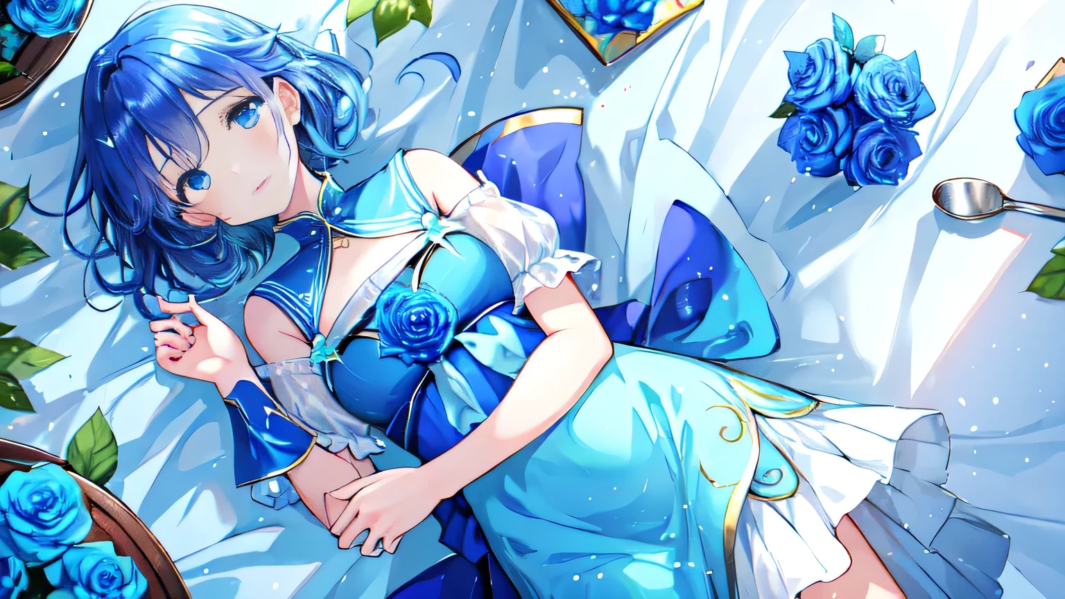 Blue Rose Fairy kisses the flowers. That fairy is smaller than the flower. Clean and tidy clothes exude a mysterious luster. Flower Field, Natural light,(best quality), (On the table:1.3), Super detailed, (Practical), (Reality), Butterfly_wing, Moderate exposure,Blue Rose Fairy、Sailor Mercury、 Neat clothes exude a mysterious luster. Flower Field, Natural light,(best quality), (On the table:1.3), Super detailed, (Practical), (Reality), Butterfly_wing, Moderate exposure,