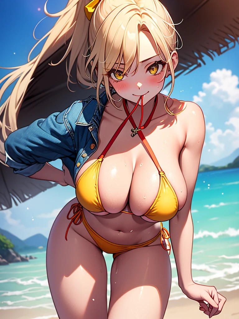 (highest quality, High resolution, perfect pixel, Depth of bounds written, 4K), (from front), beach, detailed eyes, (1 lady), tall, (skinny body:1.2) , (thin thighs:1.2), (Narrow hips), large breasts, blond hair, (ponytail:1.2), (denim short pants yellow bikini:1.2), (unbutton:1.3), (cross halter bikini), (rio cut pants), (panty strap:1.3), (sexy pose to emphasize breasts), (standing), (leaning forward), (put index finger on mouth), (seductive smile), blush, sweat,