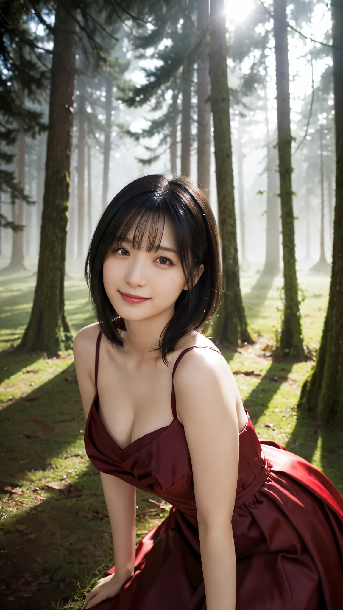 (highest quality,masterpiece:1.3,Ultra-high resolution),(Super detailed,Caustics,8k), (Photorealistic:1.4, RAW shooting),(A forest shrouded in a mysterious, dense fog),Sunlight filtering through the trees ,Light pours down,20-year-old,cute,Are standing,(smile),Looking into the camera,Black Hair Middle Hair,(Crimson Dress), (Waist up shot),(Low position),(Low - Angle),Natural light