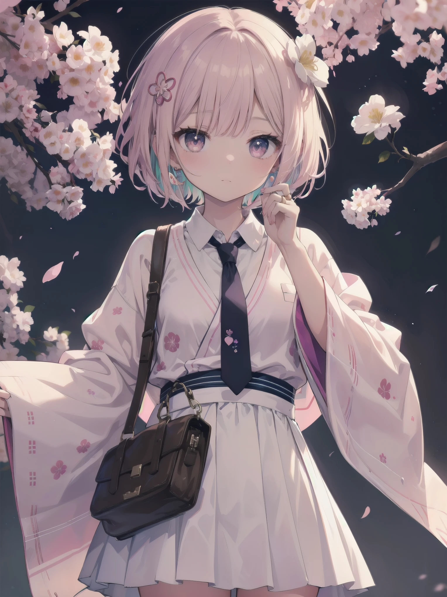 sendo yuuhi, short hair, hair rings, hair ornament, , shirt, necktie, jacket, brown sweater, long sleeves, white skirt, plaid skirt, kawaiitech, pastel colors, kawaii, cute colors, jyojifuku, obi, wide sleeves, yukata, dress, floral print