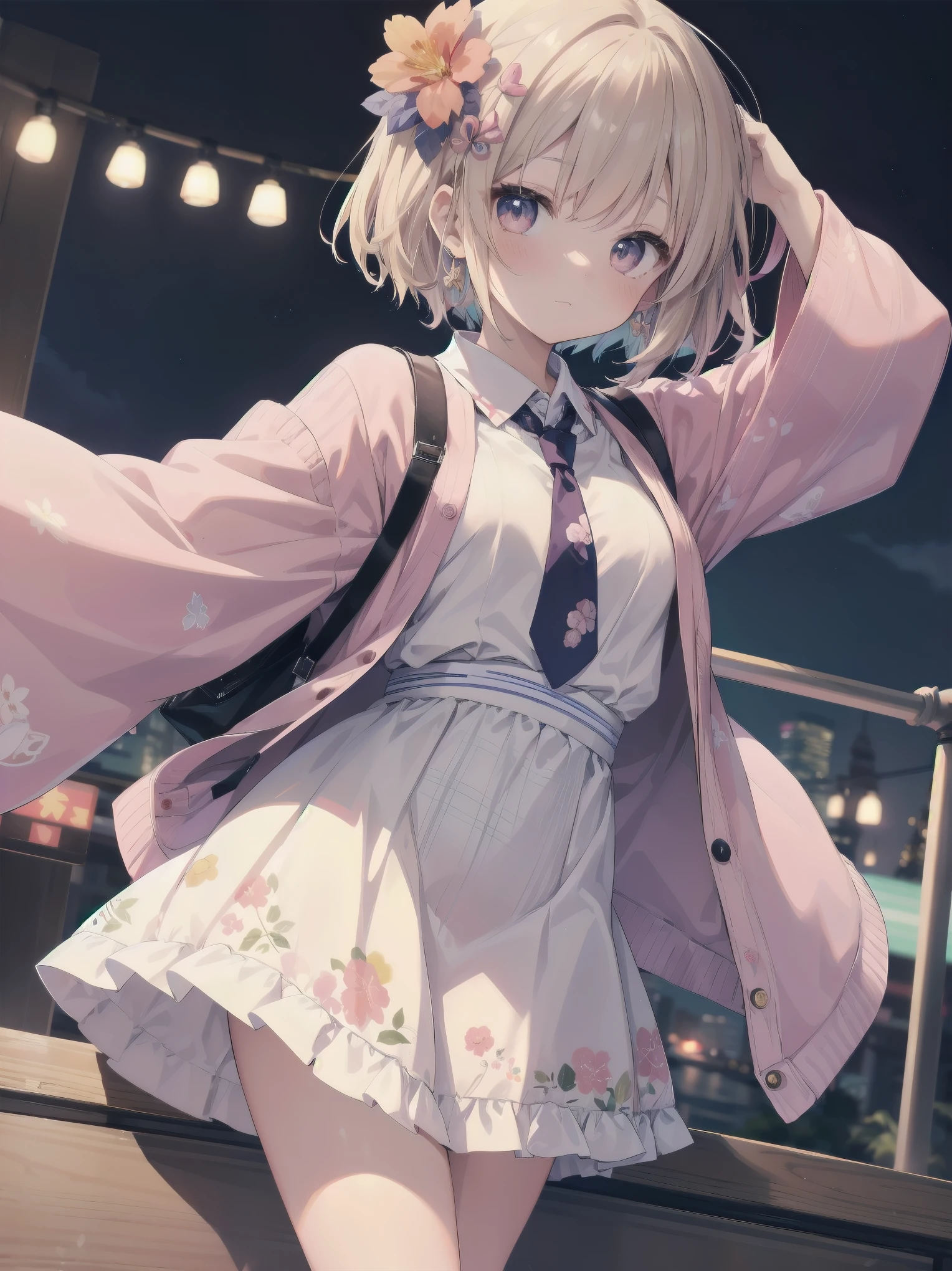 sendo yuuhi, short hair, hair rings, hair ornament, , shirt, necktie, jacket, brown sweater, long sleeves, white skirt, plaid skirt, kawaiitech, pastel colors, kawaii, cute colors, jyojifuku, obi, wide sleeves, yukata, dress, floral print