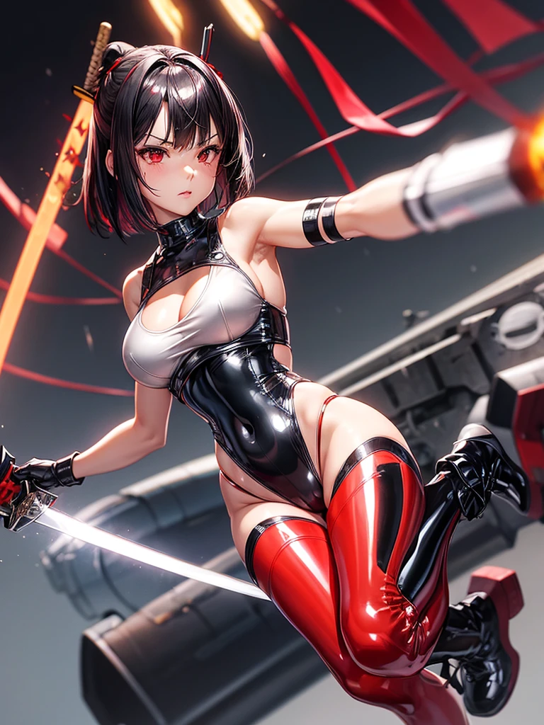 solo girl,Glossy metalic light silver tank top, tight latex shiny, Red interpolation color,Black hair bob,red eyes, camel toe, Samurai Sword,
Lift one leg,