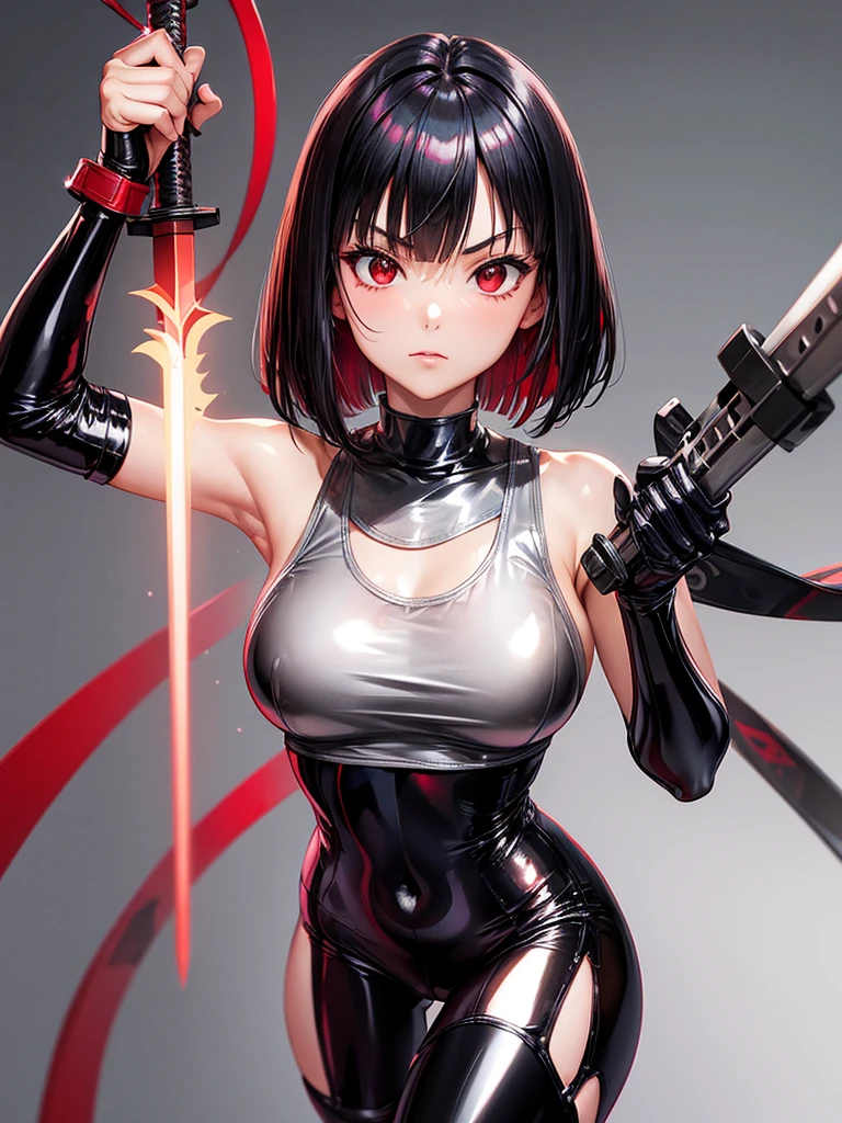 solo girl,Glossy metalic light silver tank top, tight latex shiny, Red interpolation color,Black hair bob,red eyes, camel toe, Samurai Sword,
Lift one leg, sexy lady,, naked girl,