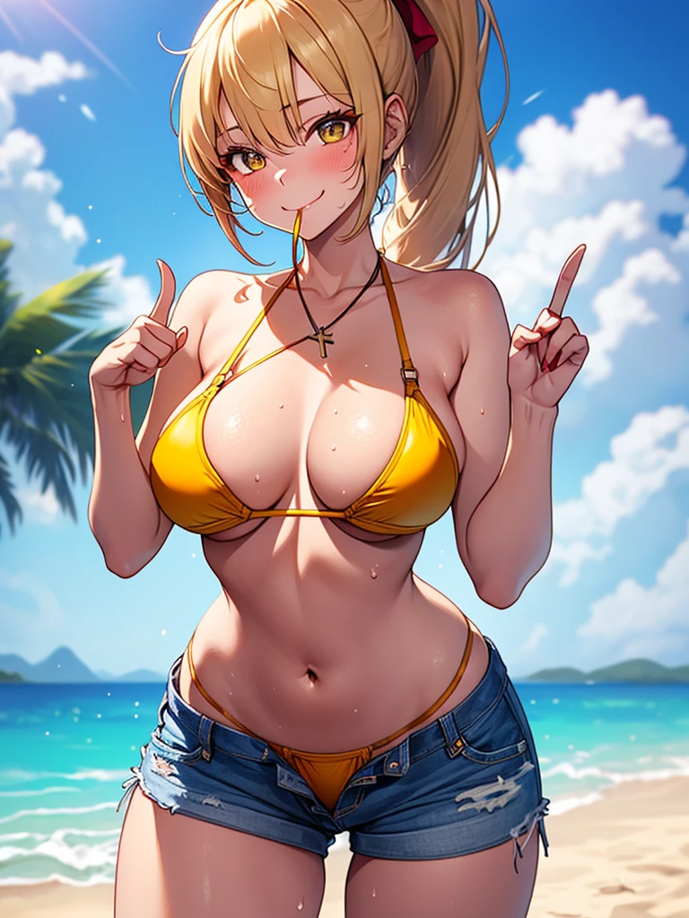 (highest quality, High resolution, perfect pixel, Depth of bounds written, 4K), (from front), beach, detailed eyes, (1 lady), tall, (skinny body:1.2) , (thin thighs:1.2), (Narrow hips), large breasts, blond hair, (ponytail:1.2), (denim short pants yellow bikini:1.2), (unbutton:1.3), (cross halter bikini), (rio cut pants), (panty strap:1.3), (sexy pose to emphasize breasts), (standing), (leaning forward), (put index finger on mouth:1.2), (seductive smile), blush, sweat,
