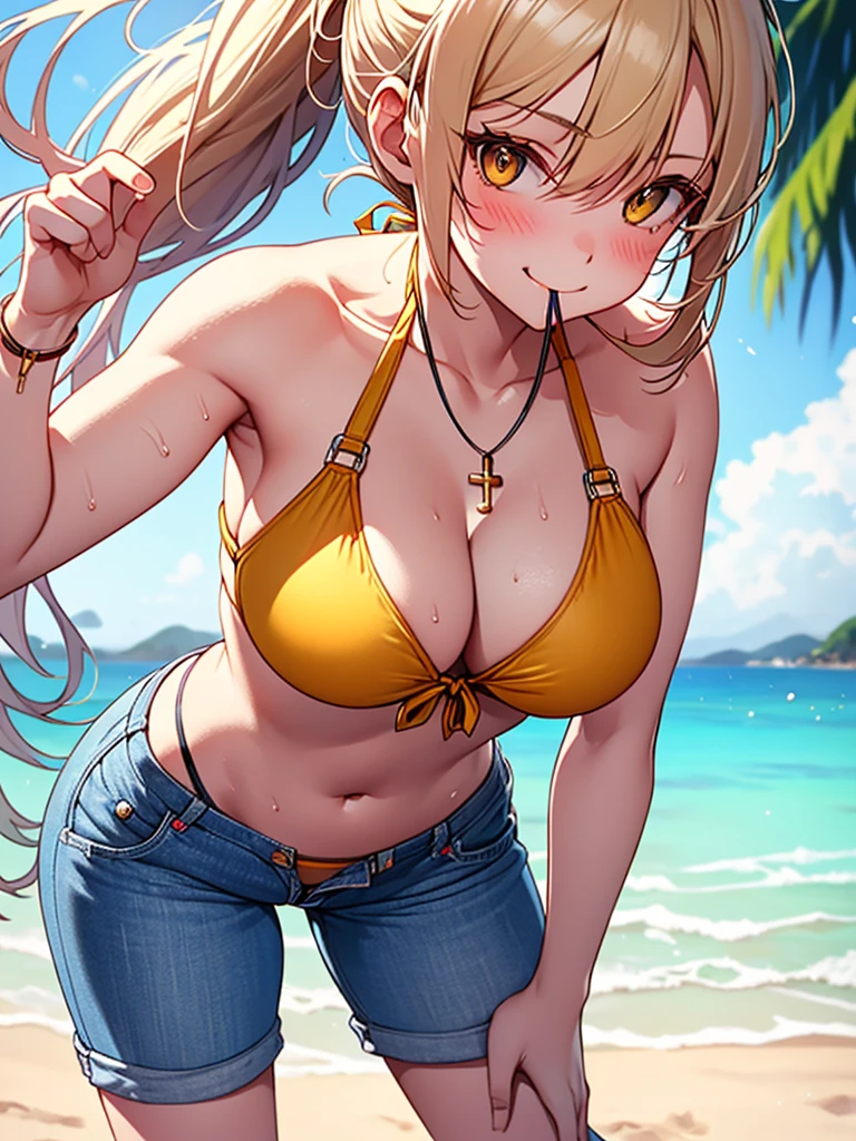 (highest quality, High resolution, perfect pixel, Depth of bounds written, 4K), (from front), beach, detailed eyes, (1 lady), tall, (skinny body:1.2) , (thin thighs:1.2), (Narrow hips), large breasts, blond hair, (ponytail:1.2), (denim short pants yellow bikini:1.2), (unbutton:1.3), (cross halter bikini), (rio cut pants), (panty strap:1.3), (sexy pose to emphasize breasts), (standing), (leaning forward), (put index finger on mouth:1.2), (seductive smile), blush, sweat, 