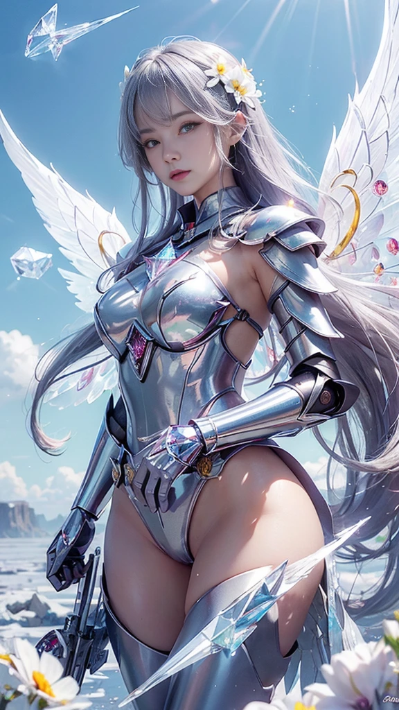 school_uniform,adorable_girl,fair_skin,cowboy_shot,huge filesize,wallpaper,colorful,scarlet_moon,mecha clothes, robot girl, sliver bodysuit,((sliver)) and (broken) body,((breeze)), flying splashes, flying petals, wind,(((gorgeous crystal armor))),(((crystal wings))),((altocumulus)),(clear_sky),(snow mountain),((flowery flowers)),(flowery bubbles),cloud map plane, crystal, crystal poppies,Brilliant light, thick_coating, glass tint,(watercolor),fighting,