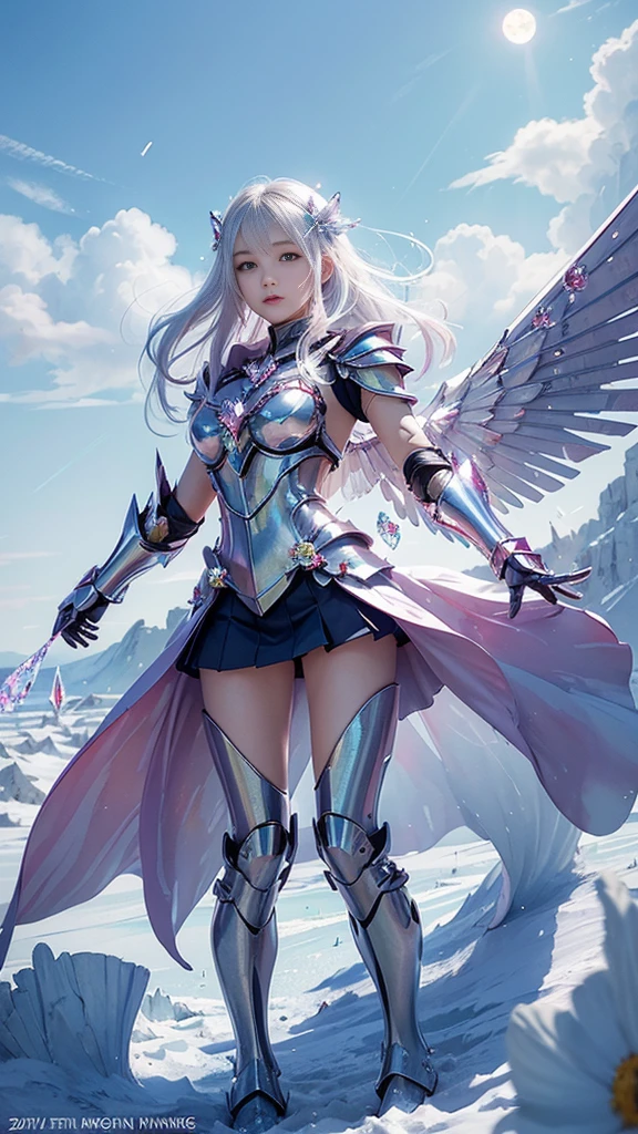 school_uniform,adorable_girl,fair_skin,cowboy_shot,huge filesize,wallpaper,colorful,scarlet_moon,mecha clothes, robot girl, sliver bodysuit,((sliver)) and (broken) body,((breeze)), flying splashes, flying petals, wind,(((gorgeous crystal armor))),(((crystal wings))),((altocumulus)),(clear_sky),(snow mountain),((flowery flowers)),(flowery bubbles),cloud map plane, crystal, crystal poppies,Brilliant light, thick_coating, glass tint,(watercolor),fighting,