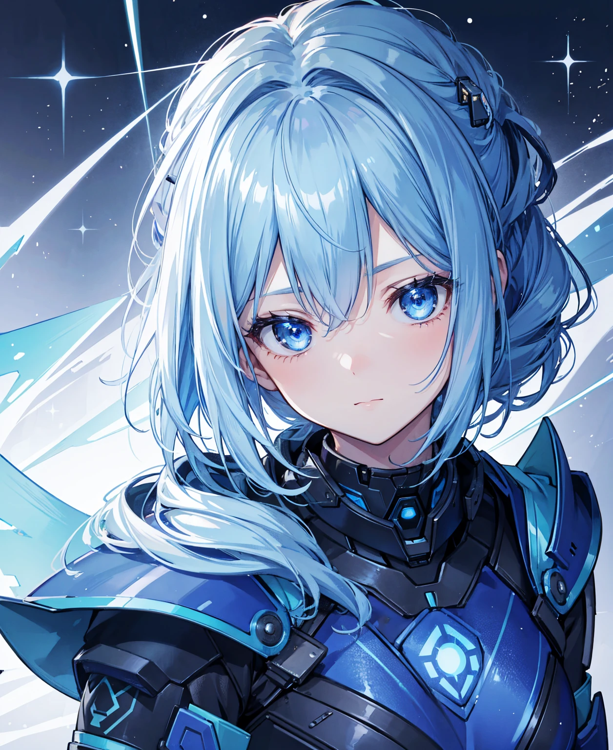 8k, highest quality, (real:1.4), Original photo, 1 girl, Asari Hair, Biological Amplifier, refined armor, posture: Peace talks between warring factions, smart blue eyes
