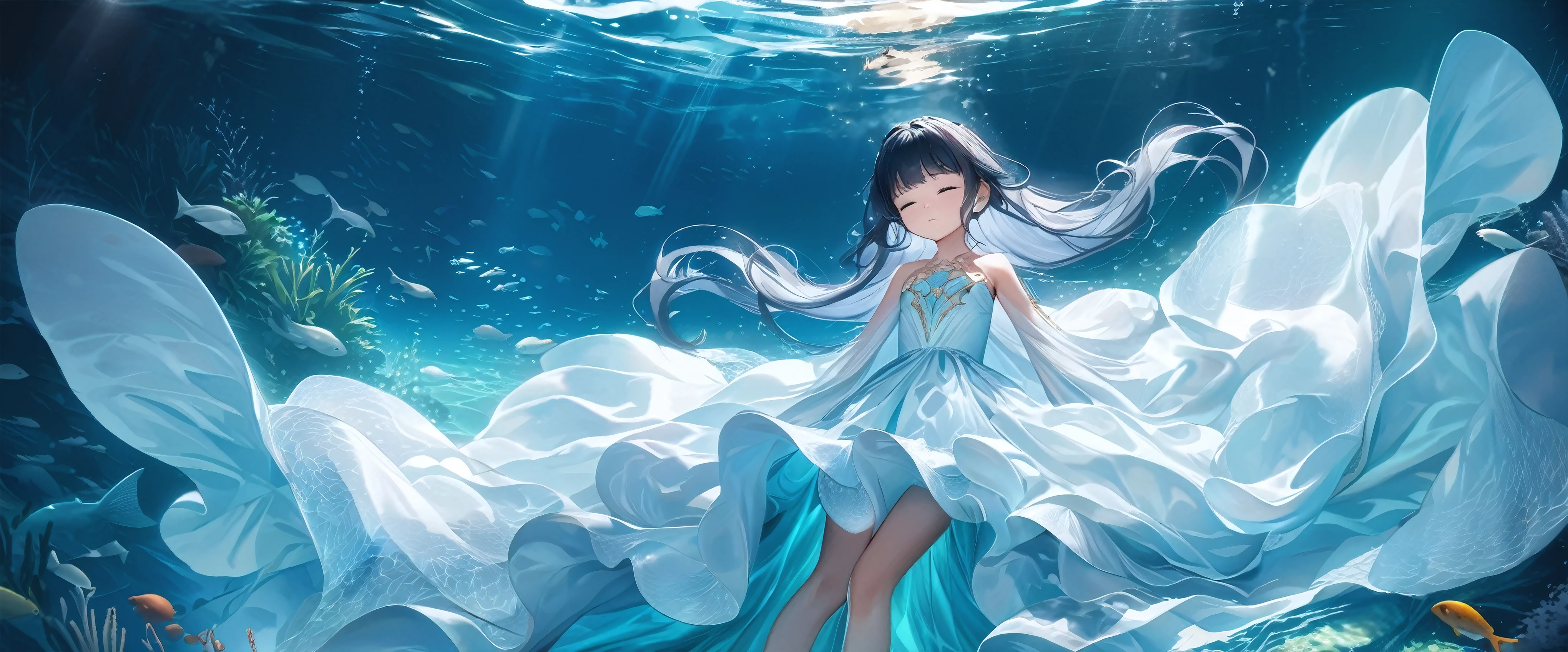 (Dramatic angle,Dynamic angle), (best quality,4k,8k,highres,masterpiece:1.2), (A 7 girl:1.2), (Very youe), (small breasts), eyes closed, original photo, Atmospheric distance perception, Aesthetic, complex, won, cybernetic enhancement, chiaroscuro, best quality, Detailed background, (underwater atmosphere:1.2), (girl wearing white very long silk dress:1.2),Beneath the surface, the little girl's world turns serer bare feet no longer touching the sandy floor. Her gown, a canvas of white, billows around her like a cloud, the skirt expanding in an underwater ballet. Each layer of the dress' skirt, light as gossamer, flutters with the subtle currents, creating a silent, slow-motion spectacle,The fabric, once structured by the air, now undulates with the water's caress, its folds and flounces taking on a life of their own. The skirt's hem, once brushing against the beach, now sways with the rhythm of the aquatic realm, its edges rippling like the softest of waves. The dress, once a terrestrial adornment, has transformed into an aquatic masterpiece, its white a stark contrast to the deep blues and greens that surround it,As she sinks deeper, the dress' skirt envelops her in a cocoon of elegance, the delicate fabric floating around her like a halo of lace and tulle. Tiny bubbles escape from the dress's folds, adding a sparkling (embellishment) to the underwater scene. The light filtering through the water above casts a soft, ethereal glow through the translucent skirt, highlighting the intricate patterns of the fabric as it moves with the flow of the water. Her hair, like a dark halo, fans out around her head, mingling with the floating strands of her dress, creating a vision of harmony between the girl and the aquatic environment. The little girl, a vision of innocence and grace, becomes one with the water, her white dress a symbol of purity amidst the depths.