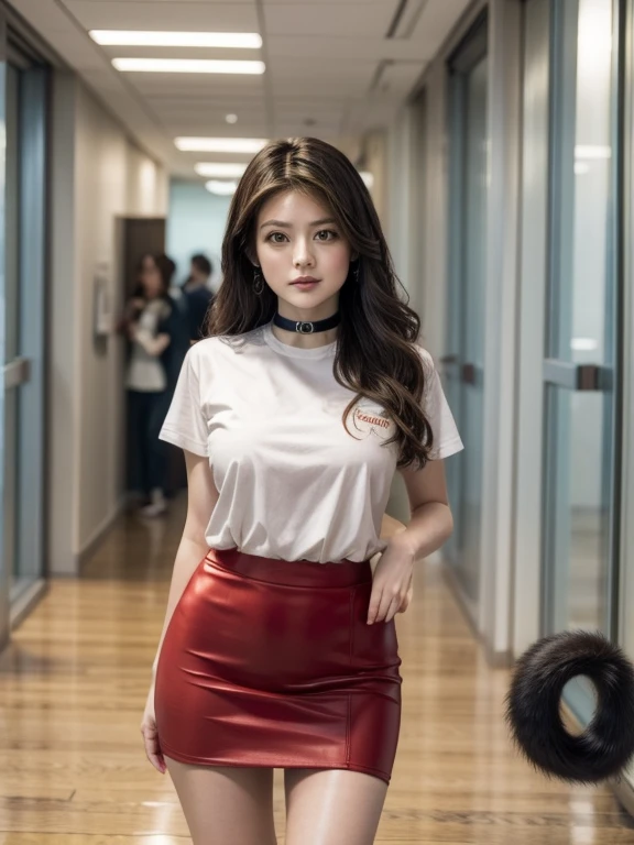 ((highest quality, 32k)), ((masterpiece)), (Familiar), Perfect Face, foxgirl, Pretty girl, Company Office, Has a tail, She has a fox tail, She stands up her fluffy tail, cat collar, Beautiful hip line, She is wearing a tight skirt, The tail of the red fox is sticking out, Troubled face, Get on all fours, Nice body