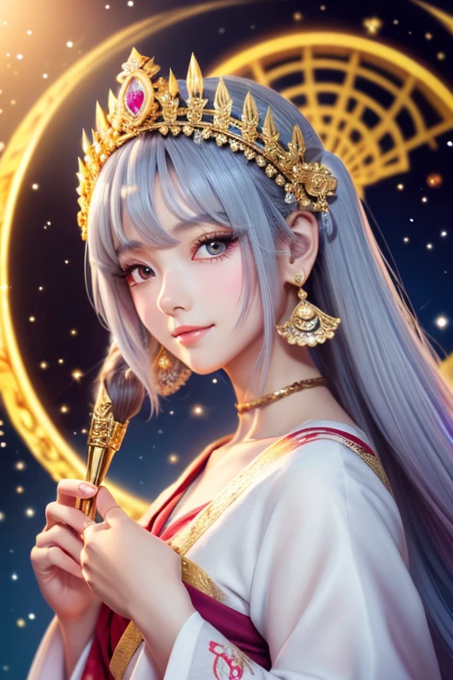 Full-body illustration facing forward,Looking at this,18-year-old,Are standing,,High quality CG illustration,((highest quality)), ((masterpiece)), (detailed), fine,Grey haired,Perfect Face,日本の女god,Illustration of toes,Long Hair,Big eyes,cute,Holding a wizard's wand,god秘的,Shrine maiden,女god,Beauty,cute,Beauty,The goddess,Anime Style,Anime CG,god様,gem,shine,luxury,god々Aura,crystal,Gal,Heavy makeup,Eyelashes,Feather coat,Decoration,Facing forward,kimono,Sparkling,gem,左手にcrystalを持つ,heart,luxury,gold,luxuryなDecoration,luxuryな背景,noble,おRich man,Love luck,和風の女god,altar,Aurora,Rainbow-colored,真Facing forward,luxury絢爛,shine,dazzling,Aurora,Rich man,wealthy class,goldの髪,earrings,gemが沢山付いた服,Hanfu ,god社,prayer,Have a crown, Anime Style 4k, detailedなDigital anime art, 8Kの高品質でdetailedなアート, Beautiful anime portraits, Anime fantasy artwork, Anime fantasy illustration, anime art wallpaper 4k, anime art wallpaper 4k, Digital anime art, Highly detailed digital art in 4K, Anime Style. 8k,目線はFacing forward,Gold Folding Screen,,,,