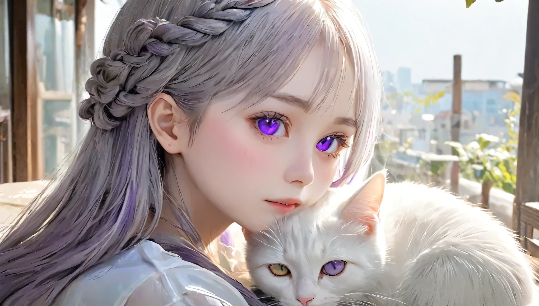 Tabletop, highest quality, Perfect Anatomy、Very delicate and beautiful girl,Very delicate and beautiful, (((Silky white hair、Gradation、Purple hair at the tips、French Braid)))、break、(((灰色のpupil:1.2、Grey Eyes、Grey eyeball)))、Very detailed_face_pupil, Very detailed,There is a calico cat、Odd-eyed🐱、Commemorative photo with cats、 highest quality, High resolution, Very detailed,1 girl, highest quality, shape, Looking at the audience, Authenticistic, Realist ,A peaceful veranda、Summer evening、The afternoon sun is dazzling、Basking in the sun、Warm atmosphere、Sleeping cat