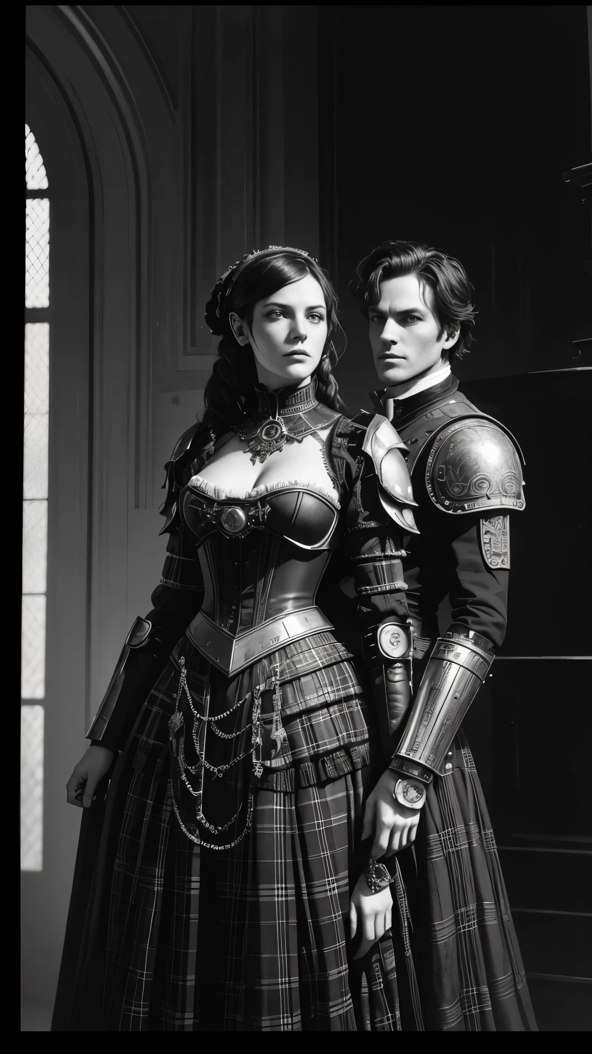 there is a robot and a woman dressed in costumes side by side, victorian science fiction inspired, hugh kretschmer, plaid attire, wearing ornate armor, daguerreotype photography, cinematography 2009, cinematic widescreen footage, black and white color photography, fashion photography fine art, cgsociety!, mad max style, scottish folklore, kenny mcbride  