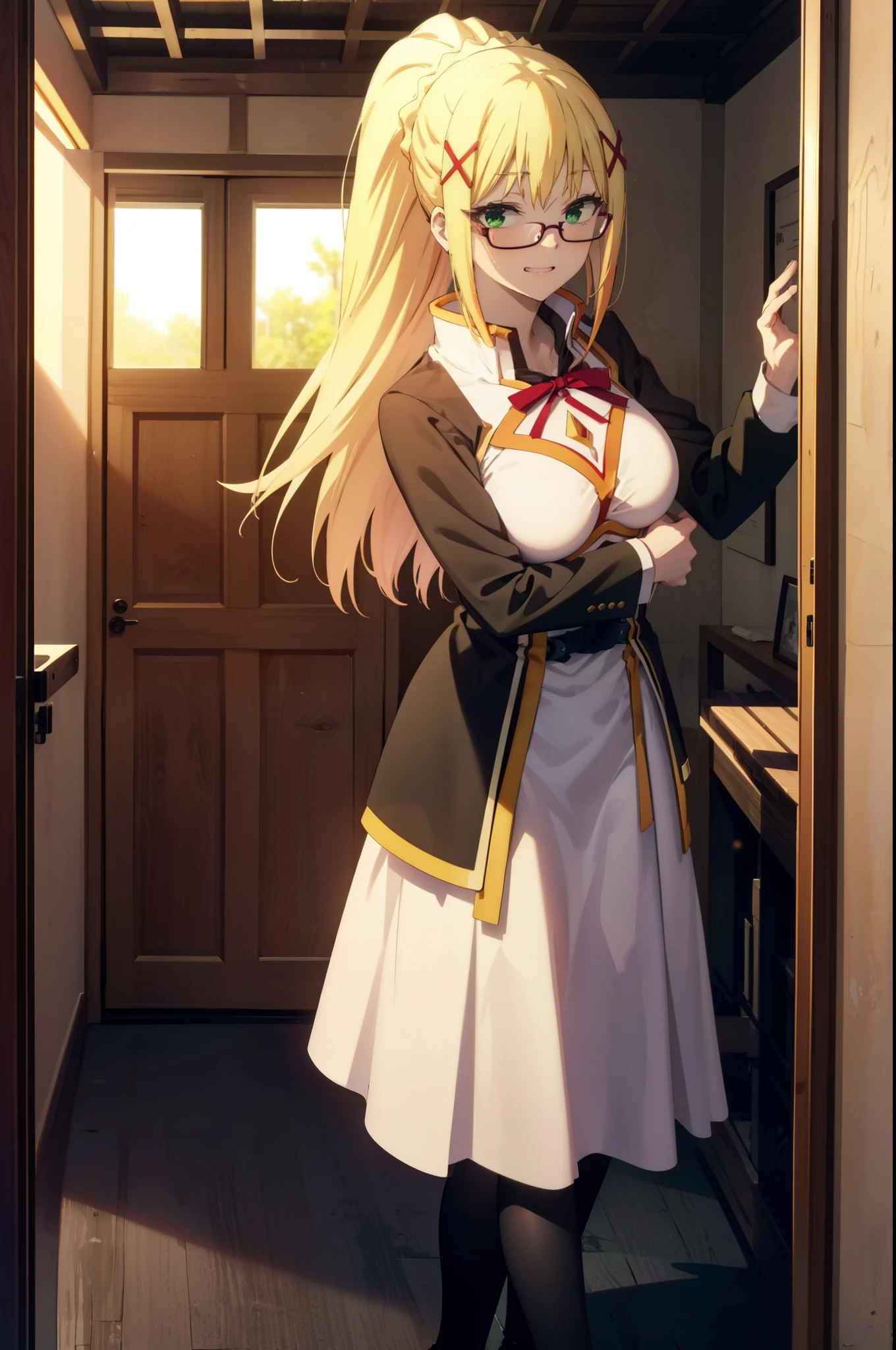 Lalatina Dusty Nesford, Lalatina Dustiness Ford, darkness \(KonoSuba\), Long Hair, (Green Eyes:1.3), Blonde, hair ornaments, ponytail, Braiding, x hair ornaments,Big Breasts,OL,Grin, Red glasses, black suit jacket, Collared jacket, White dress shirt, Collared shirt, Neckline, button, Black pencil skirt, Black pantyhose,Stiletto heels,Walking,whole bodyがイラストに入るように,Sunset,evening,The sun is setting,
break indoor, School　corridor,
break looking at viewer,whole body ,
break (masterpiece:1.2), highest quality, High resolution, unity 8k wallpaper, (figure:0.8), (Beautiful fine details:1.6), Highly detailed face, Perfect lighting, Highly detailed CG, (Perfect hands, Perfect Anatomy),