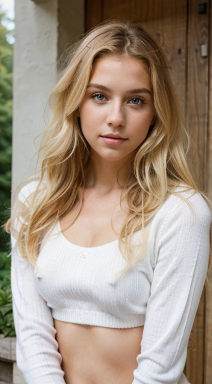 a beautiful woman with long blonde hair, , weiches Licht von der Seite, beautiful blonde girl, sexy girl, 2 2 Jahre altes weibliches Model, attraktiv, Blonde Goddess, natural beauty blonde girl, front view white sweater, pose attraktiv, sexy Aussehen, with natural light background, White top, Pose casual, enge Kleidung