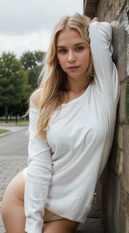 a beautiful woman with long blonde hair, , weiches Licht von der Seite, beautiful blonde girl, y girl, 2 2 Jweibliches Model, attraktiv, Blonde Goddess, natural beauty blonde girl, front view white sweater, pose attraktiv, sexy Aussehen,th natural light background, White top, Pose casual, enge Kleidung