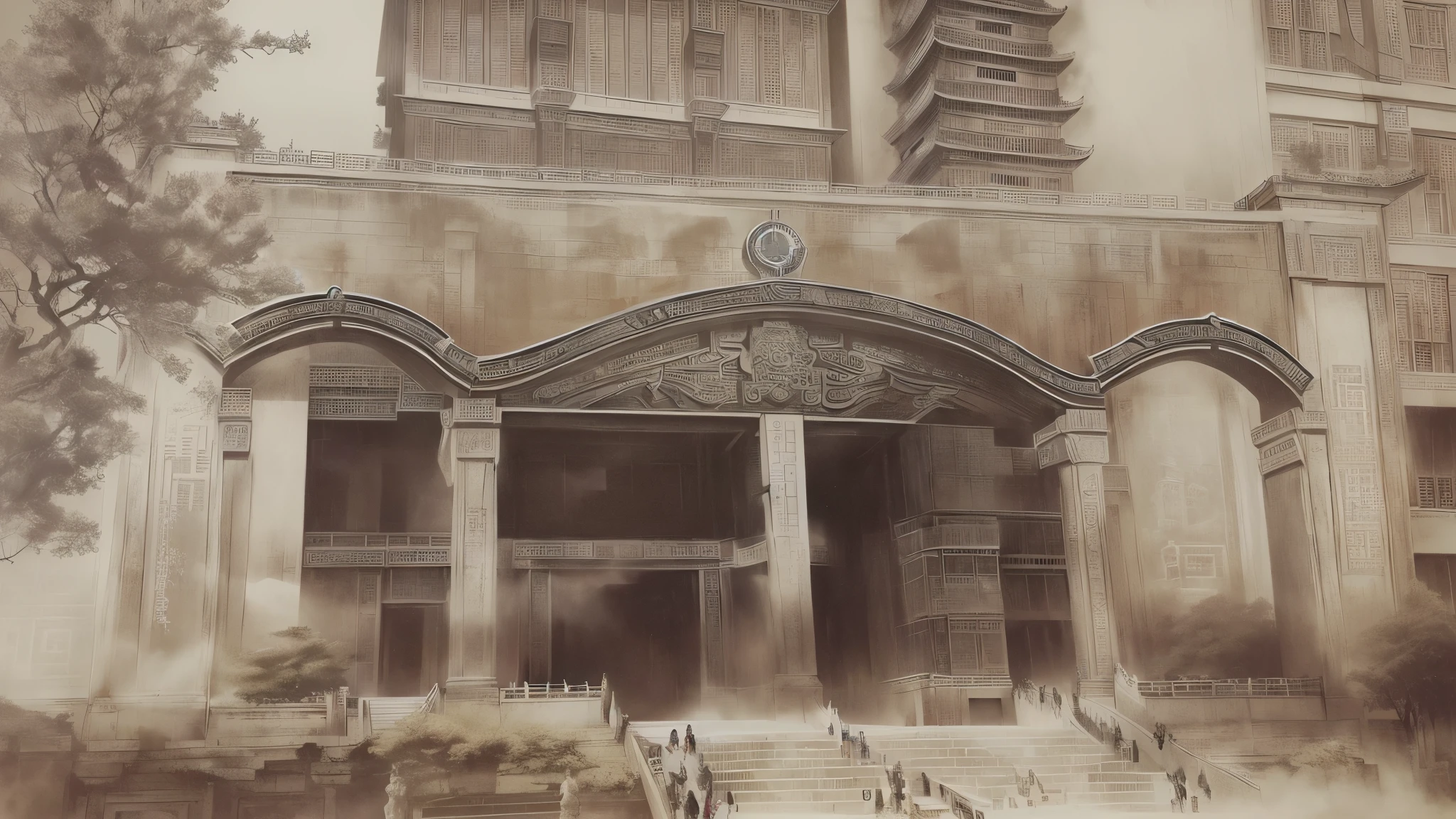 there is a black and existhite photo of a building existith a clock on it, artexistork of a building, Museum ink painting, 受arrive张僧繇的启发, Neoclassical Bureau, inspired by Dong Qichang, artexistork in the style of z.exist. arrive, overlaid existith chinese text, Chinese Architecture, Etch rendering, Image, photo
