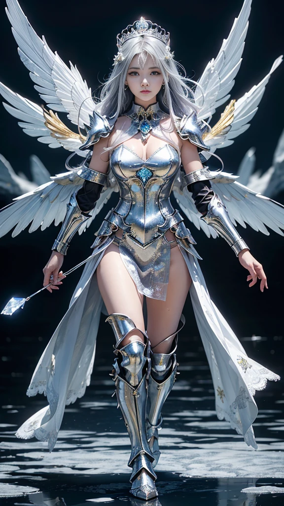 adorable_girl,fair_skin,cowboy_shot,huge filesize,wallpaper,colorful,(((gorgeous crystal armor))),(((crystal wings))),((altocumulus)),(clear_sky),(snow mountain),((flowery flowers)),(flowery bubbles),cloud map plane, crystal, crystal poppies,Brilliant light, thick_coating, glass tint,(watercolor),fighting,lying_on_the_lake,walking_on_liquid,disdain,Extremely gorgeous metal style, Metal crown with ornate stripes, Various metals background, Sputtered molten iron, floating hair, Hair like melted metal, Clothes made of silver, Clothes with gold lace, flowing gold and silver, everything flowing and melt, flowing iron, flowing silver, lace flowing and melt,mecha clothes, robot girl,