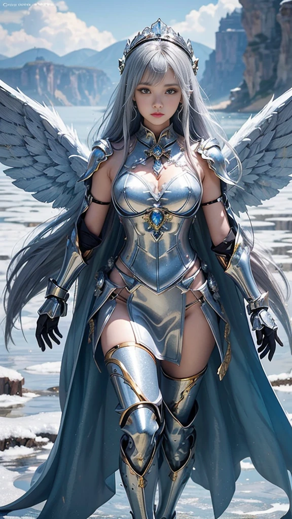 ((raw photo)), ((masterpiece)), anthropomorphic humanoid AngelGirl wearing nun's armor, intricate detail, futobot, intricate Greebles pieces, sea behind, yellow wings, beautiful, detailed eyes and lips