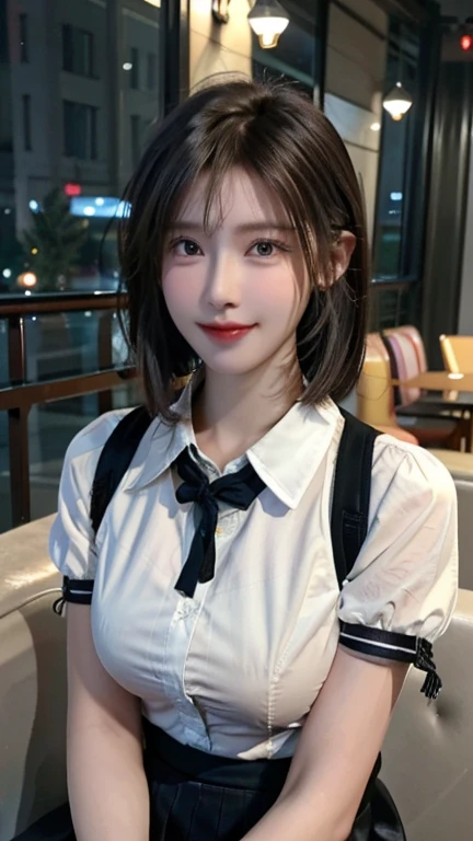 (8k, original photo, best quality, masterpiece: 1.2), (Practical, Reality: 1.37), Ultra HD, 1 girl, Lovely, Solitary, Beautiful sky, Detail of cafe, night, sitting, date, (Nose and labia), (Smile: 1.1), (closure), Medium breasts, beautiful eyes, (Collared shirt: 1.1), bow tie, Pleated Skirt, (short hair: 1.2), Flowing hair, black